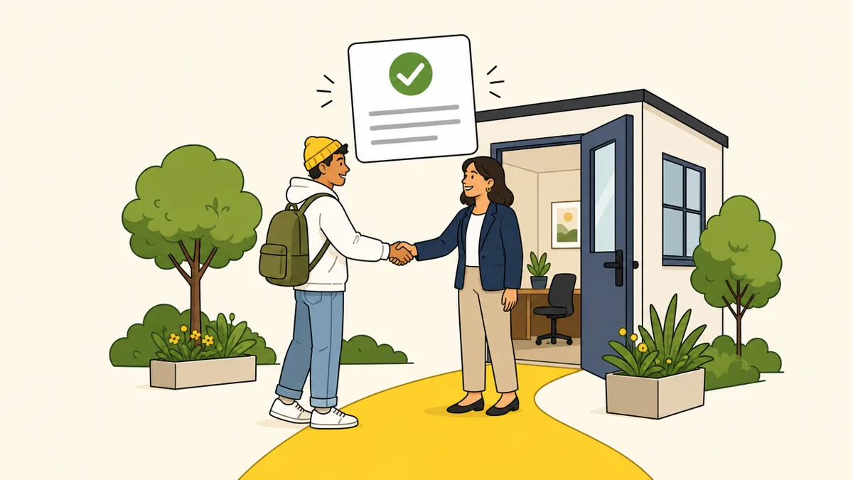 A graduate shaking hands with an employer after a job offer