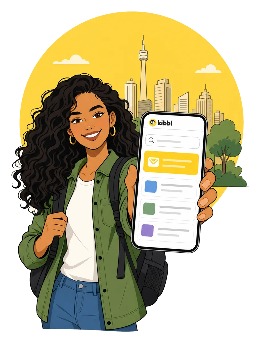 A career college graduate holding the Kibbi app